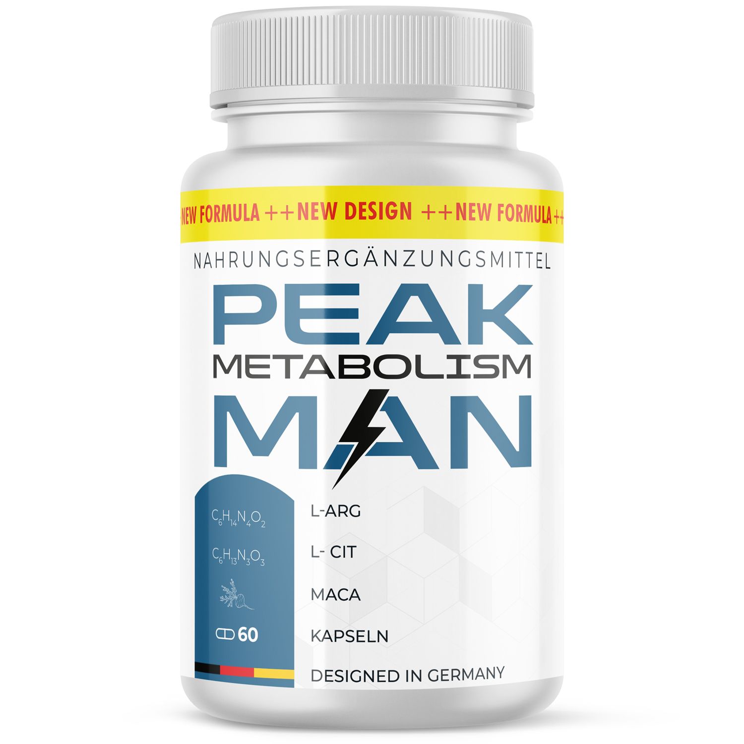 Weiße Kapsel-Dose mit gelbem Streifen. Aufschrift: PEAK Metabolism MAN, 60 Kapseln. Enthält L-ARG, L-CIT, Maca. Hergestellt in Deutschland.