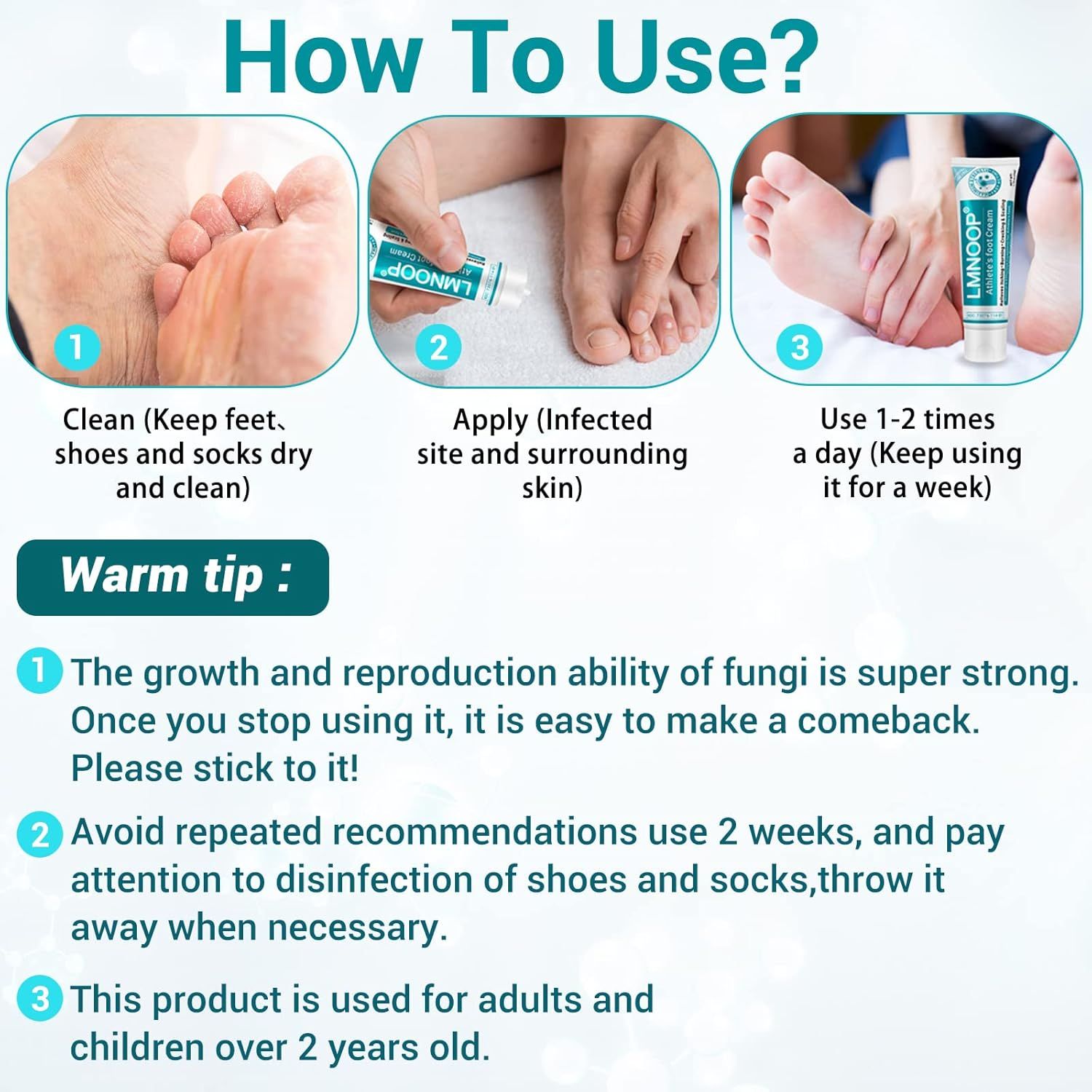 Anleitung zur Anwendung: 1. Füße reinigen. 2. Creme auftragen. 3. 1-2 mal täglich anwenden. LMNOOP Tube sichtbar.