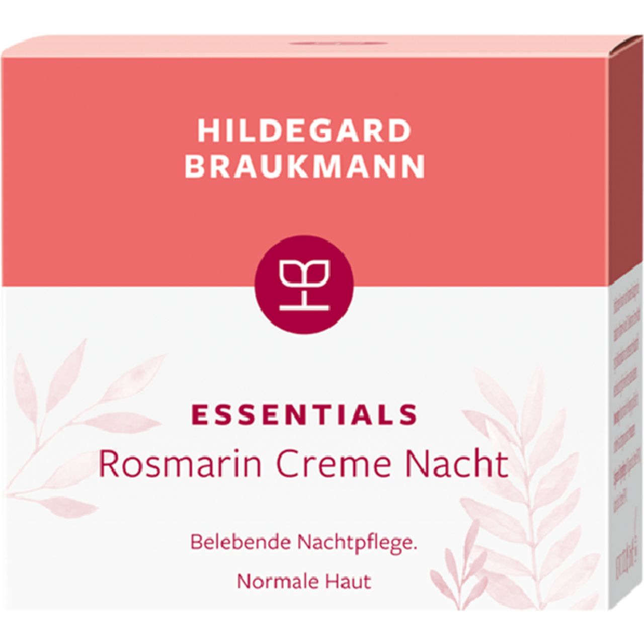 Verpackung von Rosmarin Creme Nacht. Aufschrift: Hildegard Braukmann Essentials. Mit floralem Muster.