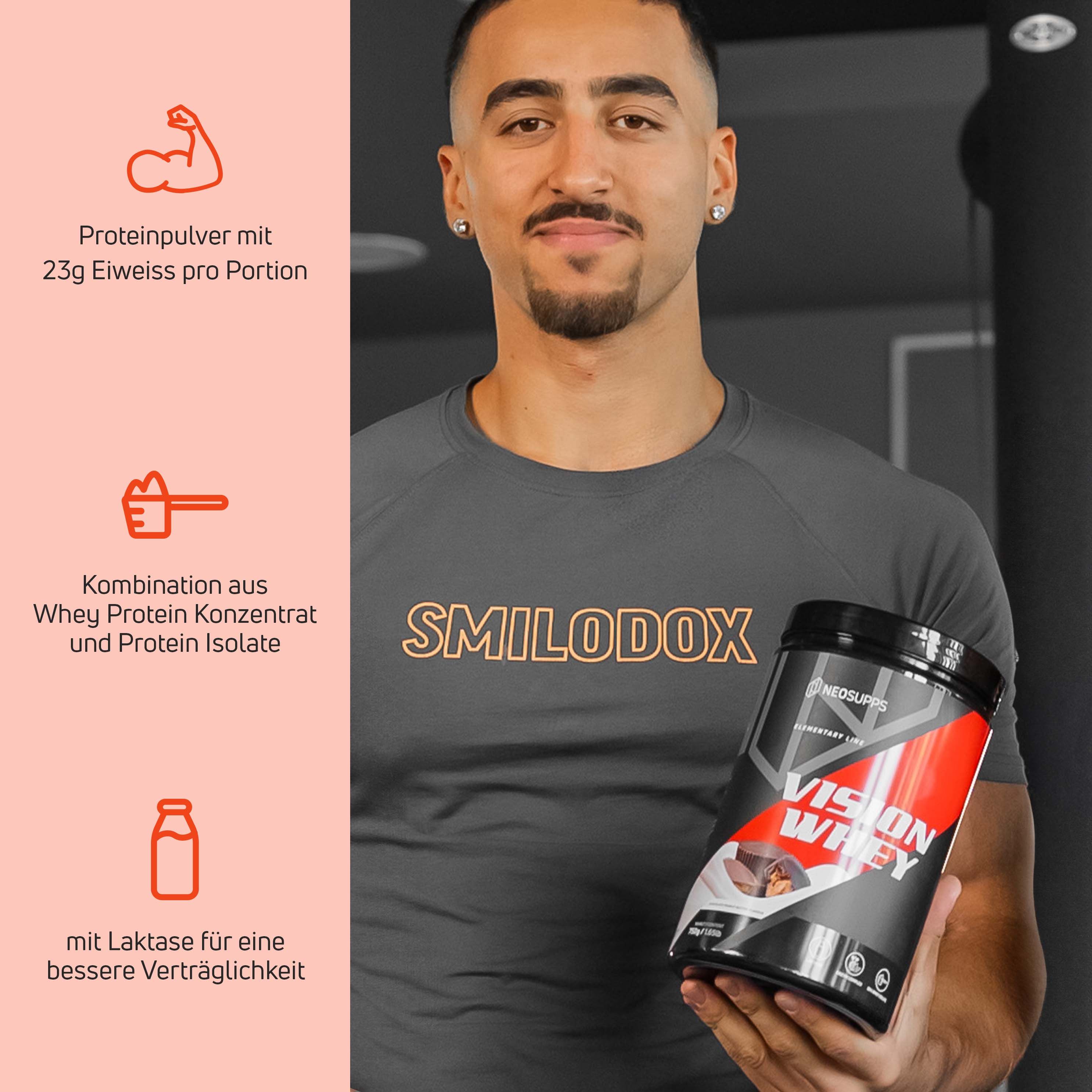 Mann hält Dose mit Produkt. Text: Vision Whey, 23g Protein pro Portion, Kombination aus Whey Protein Konzentrat und Protein Isolat, mit Laktase.