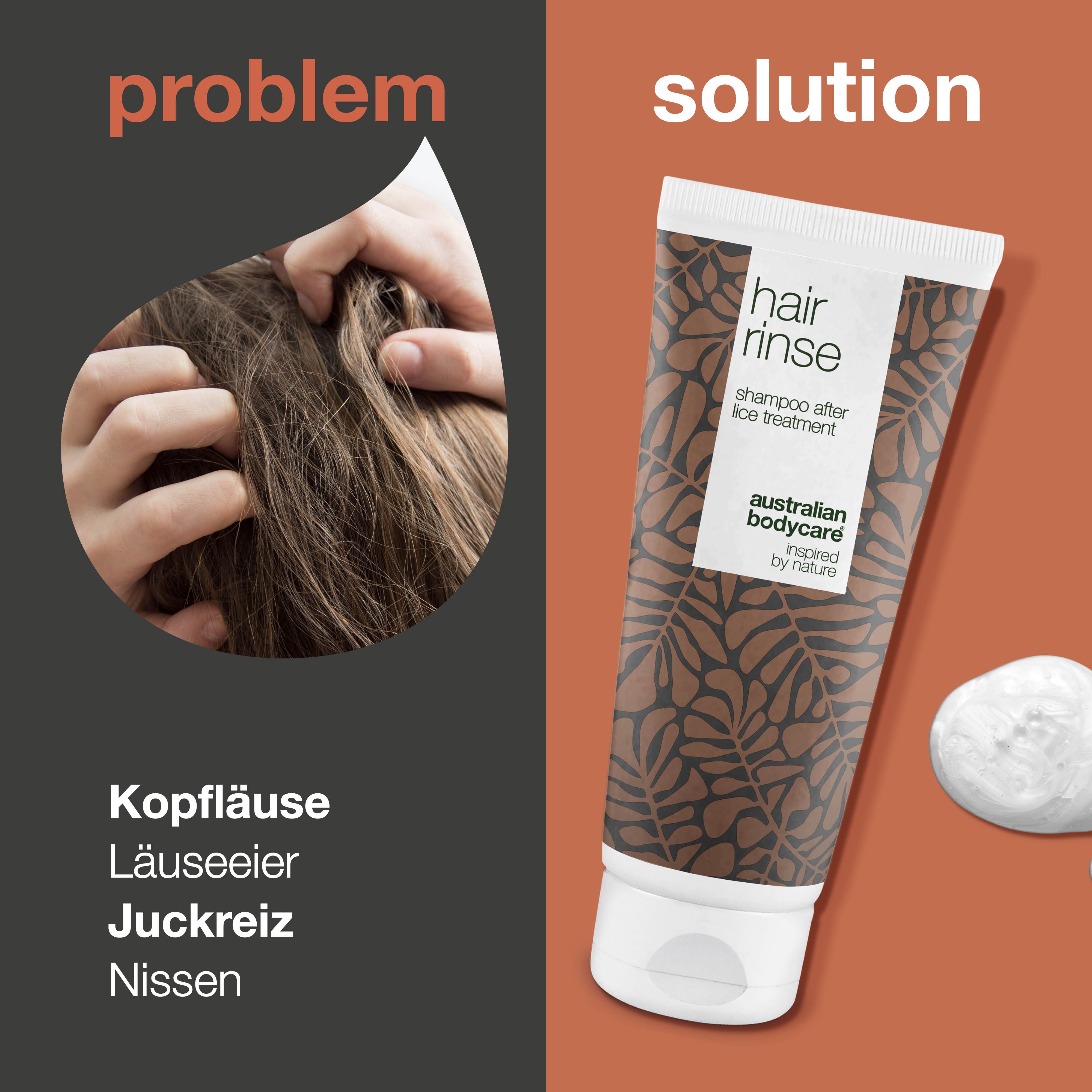 Tube und Produkt. Aufschrift: hair rinse, shampoo after lice treatment. Marke: Australian Bodycare.