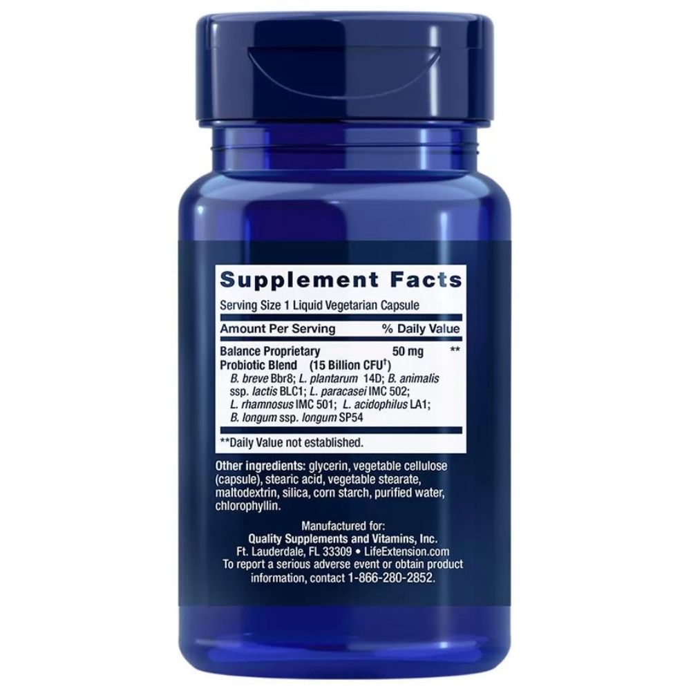 Rückseite der Life Extension Florassist GI Flasche mit Nährwertangaben.