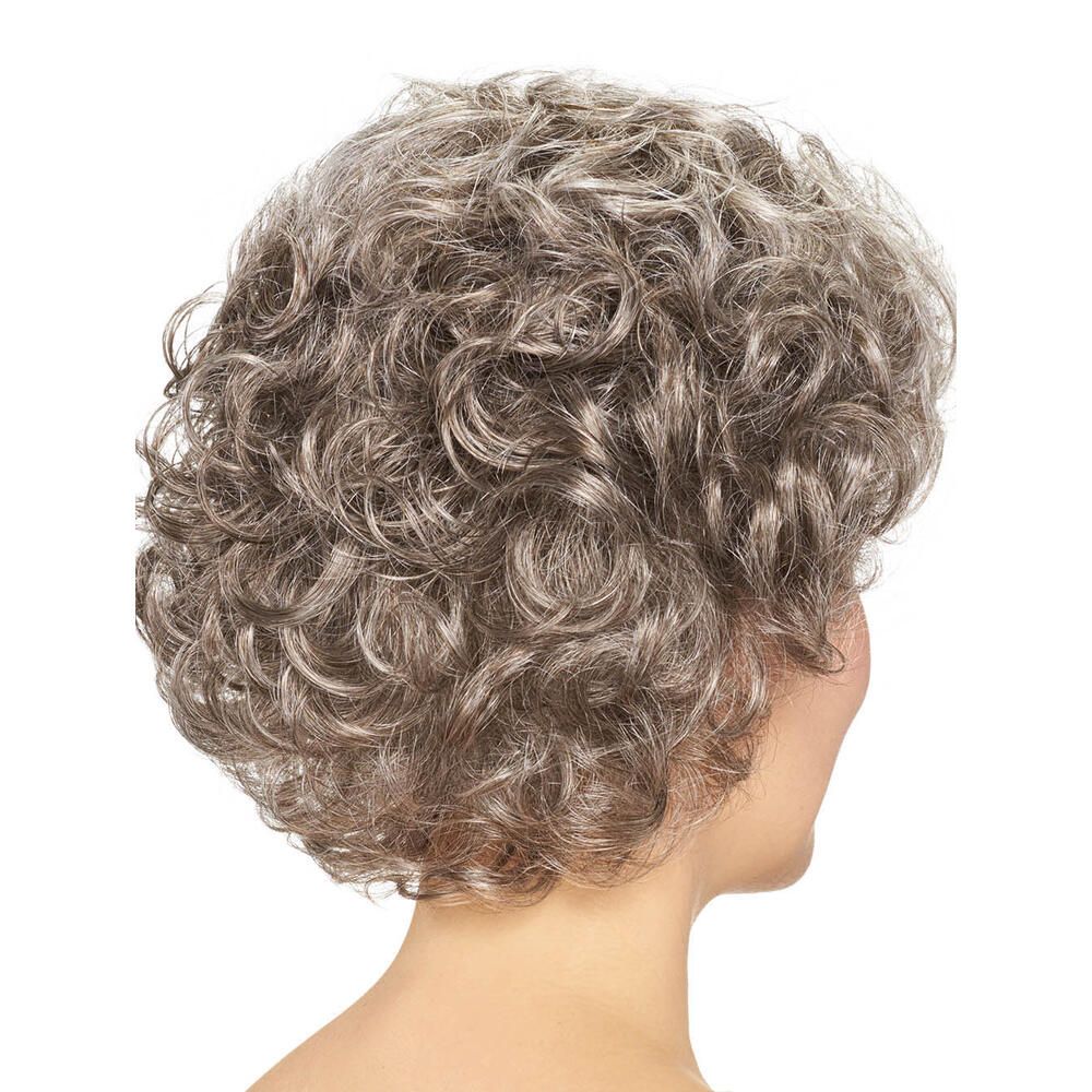 Graumelierte Perücke mit Locken, Rückansicht. Weißer Hintergrund.