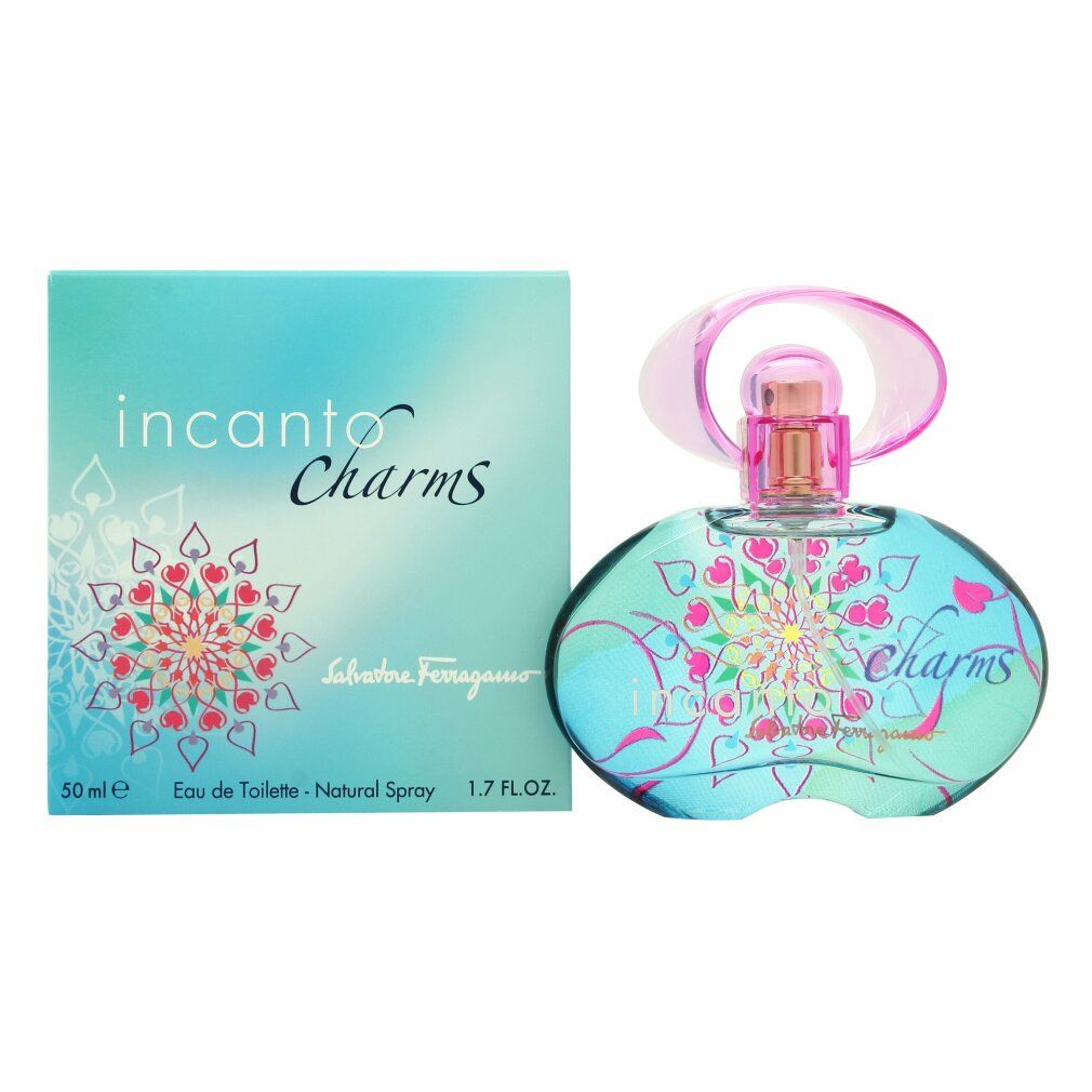 Runder Flakon mit rosa Verschluss und blauer Flüssigkeit. Incanto Charms, Salvatore Ferragamo. Hellgrüne Schachtel mit Text.