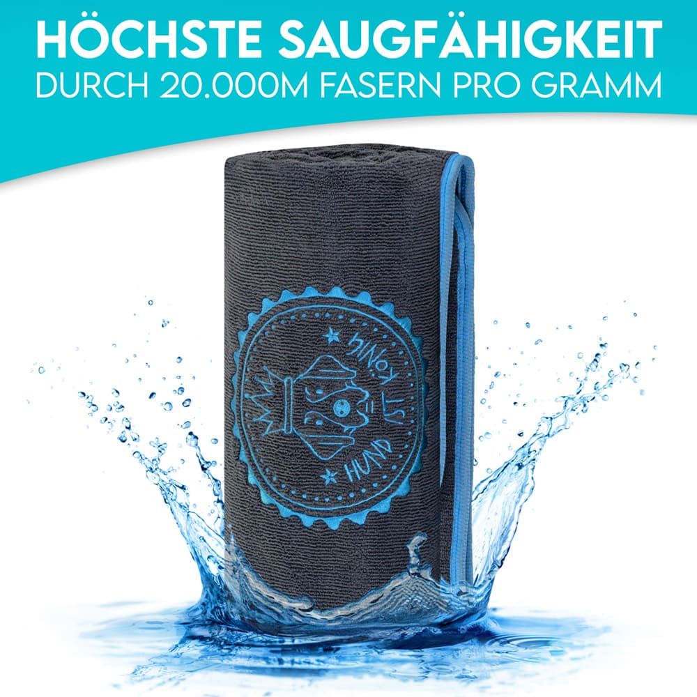 Graues Hundehandtuch im Wasser, mit Logo. Text: Höchste Saugfähigkeit durch 20.000 Fasern pro Gramm.