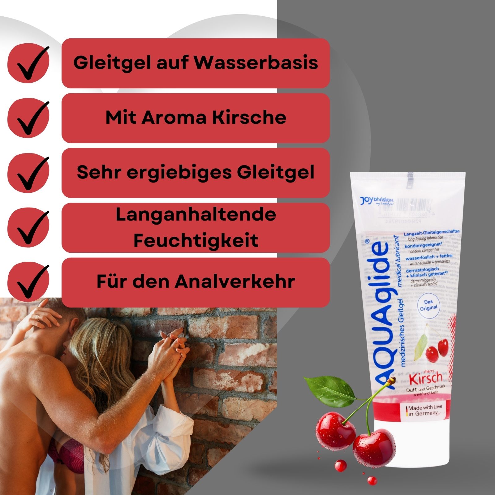 Produkt-Tube AQUAglide, Kirsch, neben Text-Boxen. Paar berührt sich. Kirschen-Illustration.