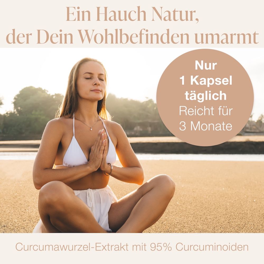 Frau meditiert. Text: Nur 1 Kapsel täglich. Reicht für 3 Monate. Curcumawurzel-Extrakt mit 95% Curcuminoiden.