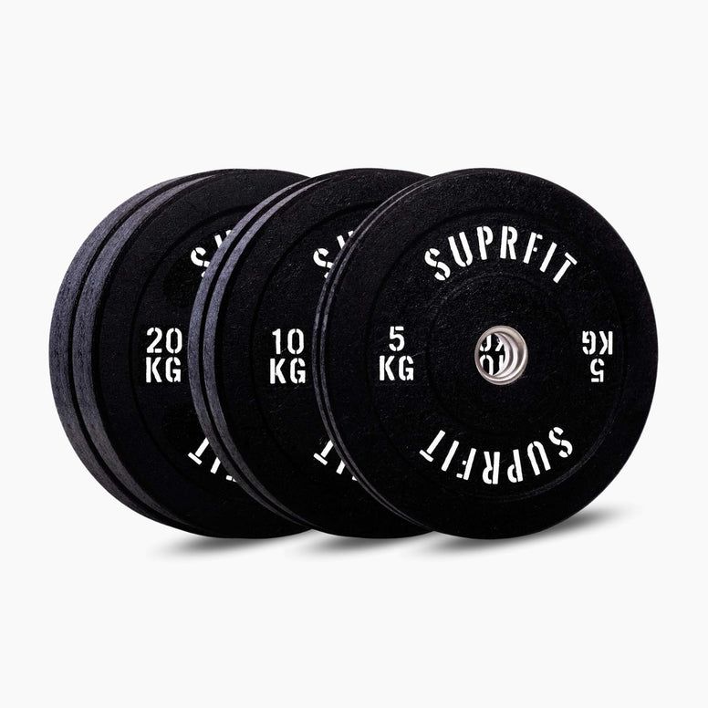 Schwarze SUPRFIT Hi Temp Bumper Plates. Gewichte: 5, 10 und 20 kg. Runde Form mit weißer Schrift. Loch in der Mitte.