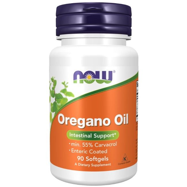 Weiße Flasche mit blauem Deckel, Oregano Oil. 90 Weichkapseln. NOW Logo. Intestinal Support. Dietary Supplement.