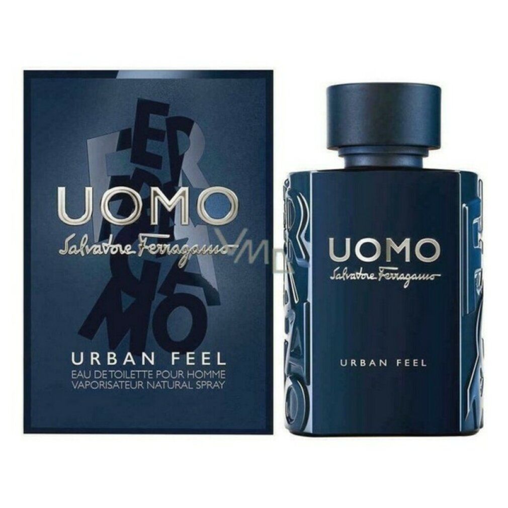 Dunkelblaue Flasche und Schachtel. Aufschrift: UOMO Salvatore Ferragamo, Urban Feel. 50 ml.