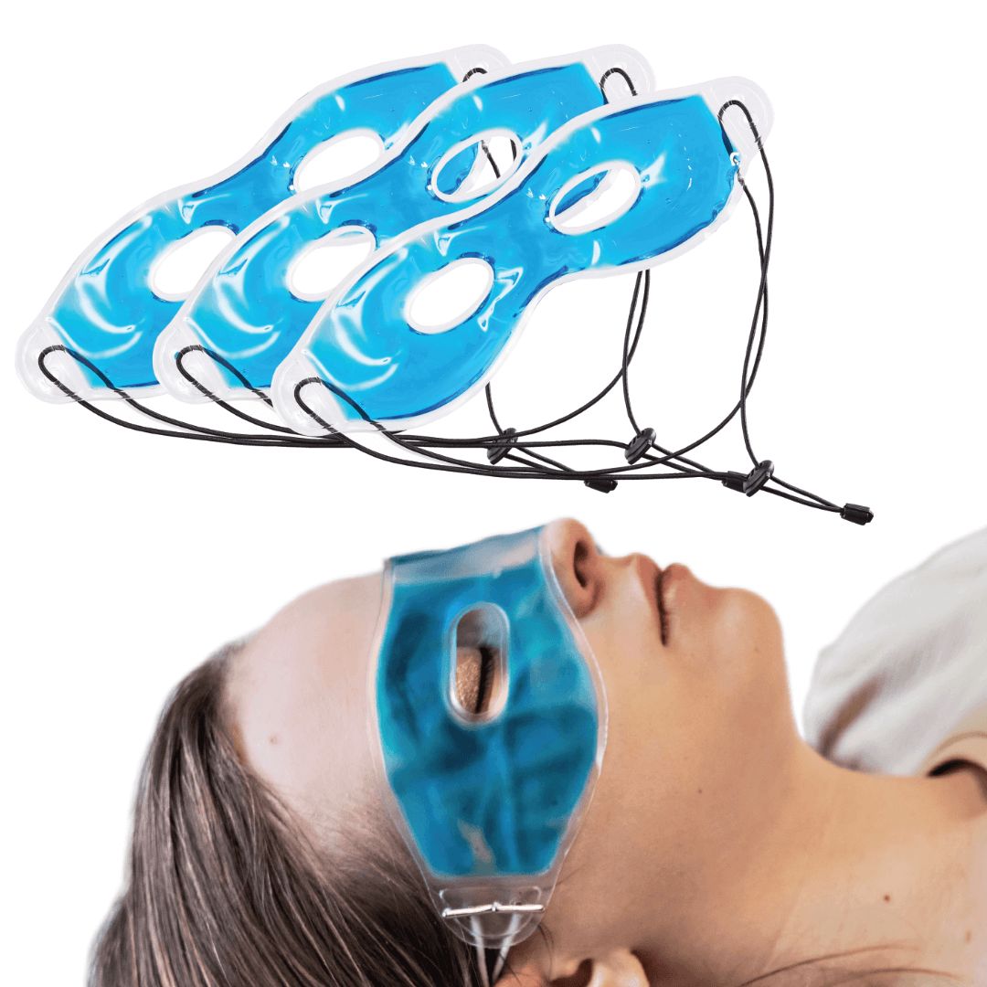 Drei blaue Augenmasken mit verstellbaren Bändern. Frau mit Maske auf den Augen. Durchsichtiges Material.