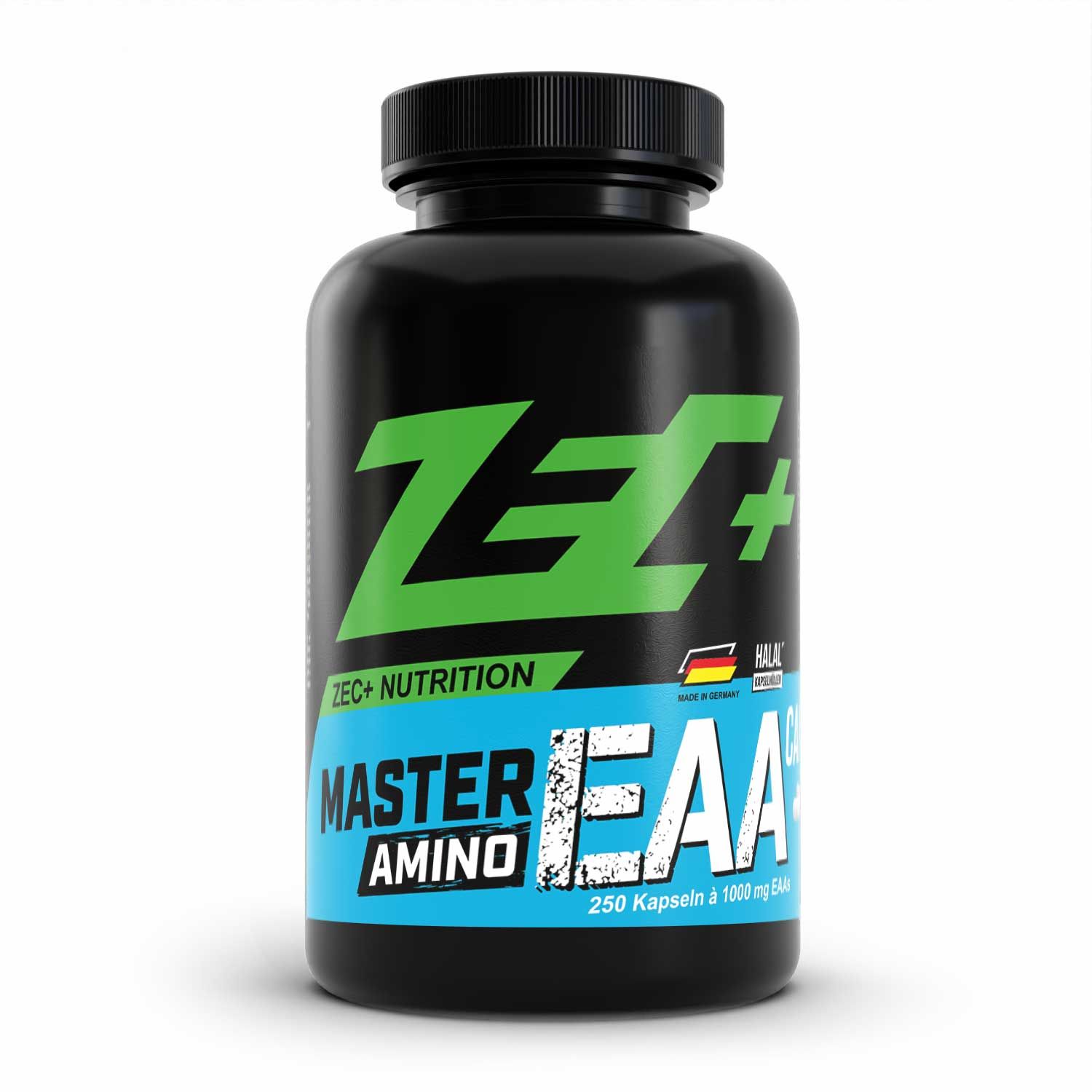 Schwarze Flasche mit grünem Logo und blauer Aufschrift. "MASTER AMINO EAA" und "250 Kapseln".