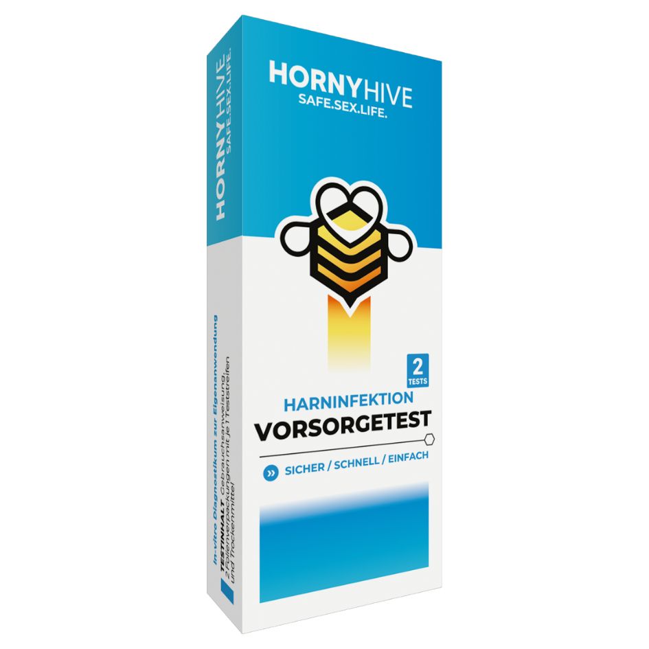 Horny Hive Schnelltest-Bundle Schachtel, blau. Aufschrift: Harninfektion Vorsorgetest. Sicher/Schnell/Einfach. Logo mit Biene.