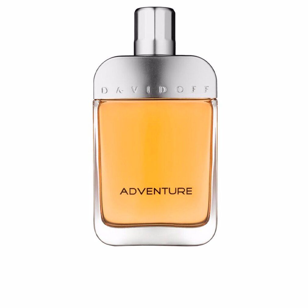Davidoff Adventure Eau de Toilette. Rechteckiger Flakon mit silbernem Deckel. Aufschrift: Adventure.