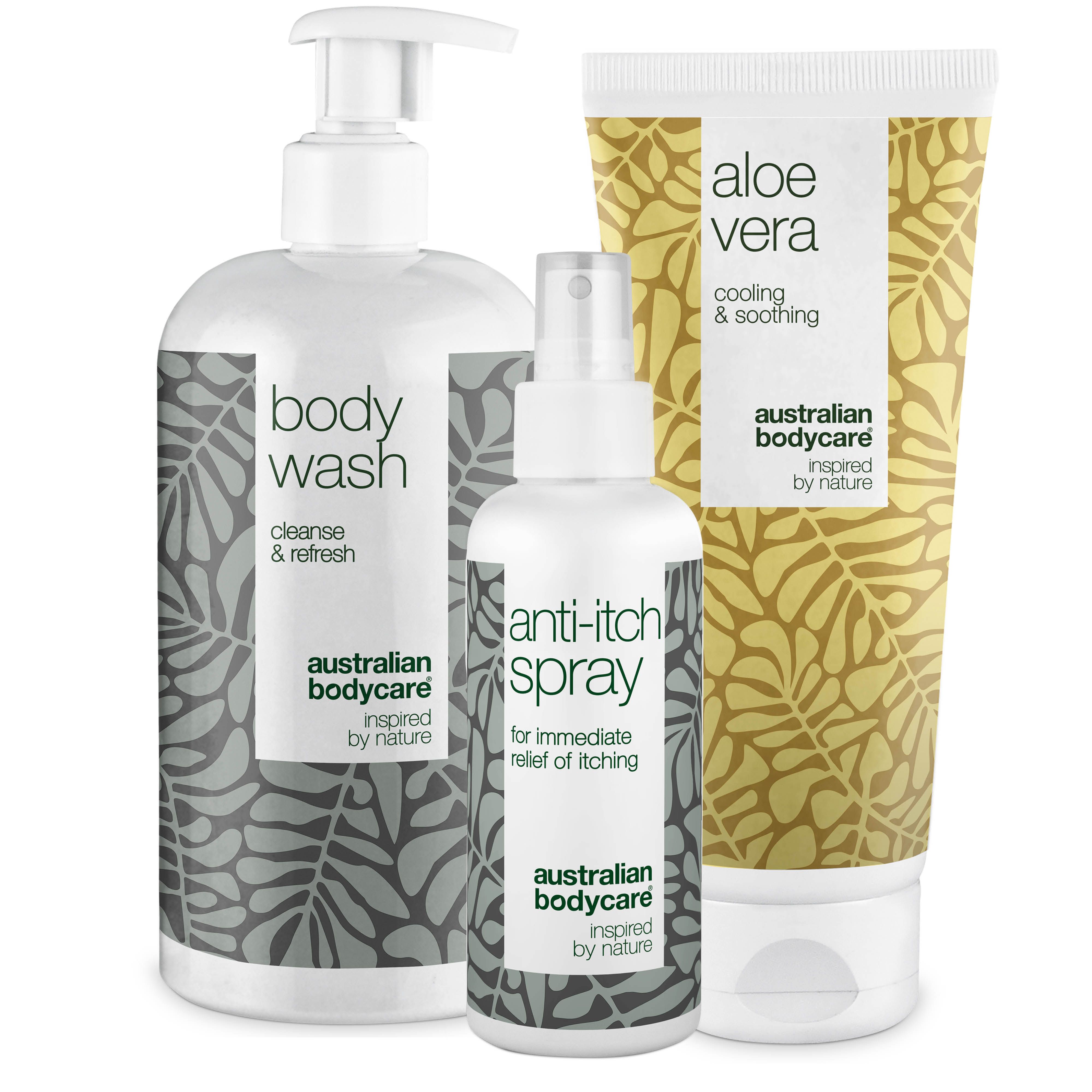 Drei Produkte: Body Wash, Anti-Juckreiz-Spray und Aloe Vera Gel. Alle in weißen Flaschen mit grauen Blättern.