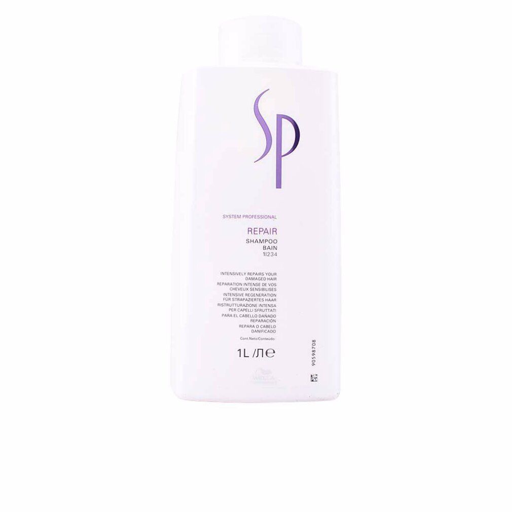 Weiße Shampoo-Flasche mit lila Schriftzug. Enthält "SP", "Repair Shampoo" und "1L".