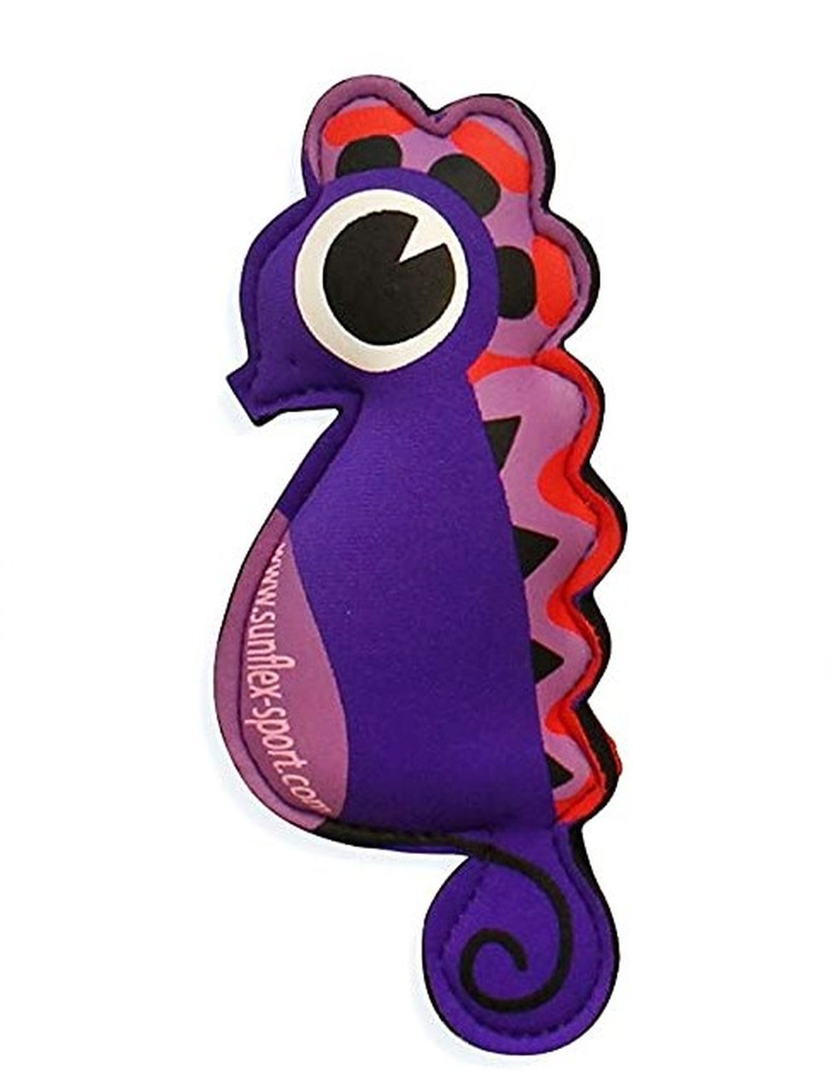 Lila Seepferdchen mit Augen und Logo www.sunflex-sport.com. Rote und pinke Details am Rücken.