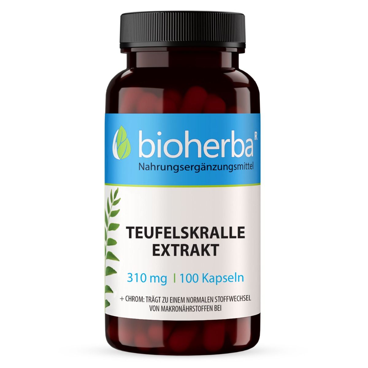 Braune Kapsel-Dose mit schwarzem Deckel. Etikett mit "bioherba" Logo, "Teufelskralle Extrakt" und Inhaltsangaben.