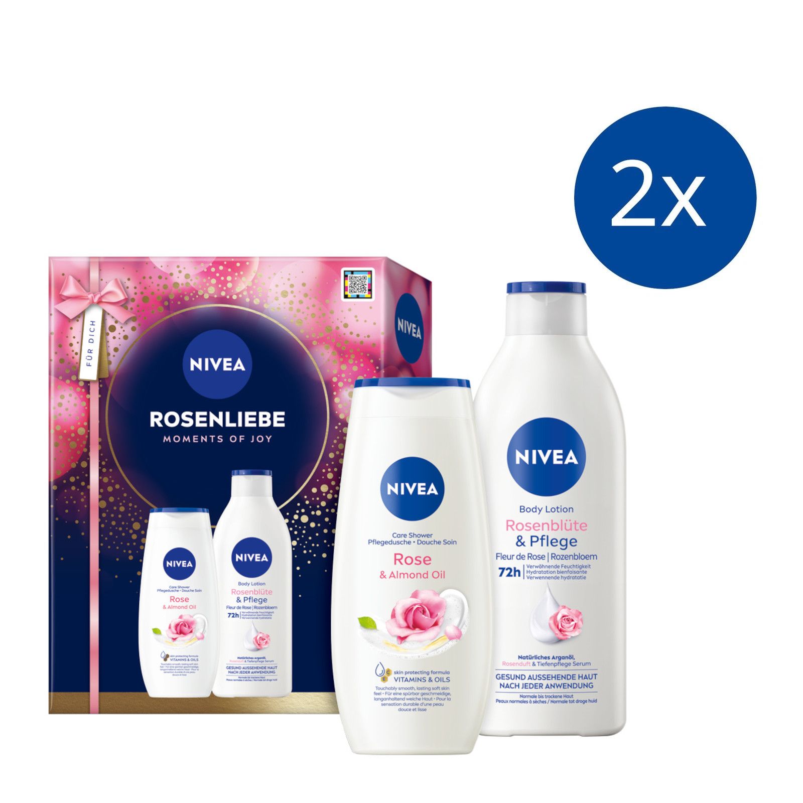 Geschenkset mit NIVEA-Produkten: Duschgel und Body Lotion. Zwei Sets. Verpackt in einer Geschenkbox mit Schleife. Rosenblüten-Design.