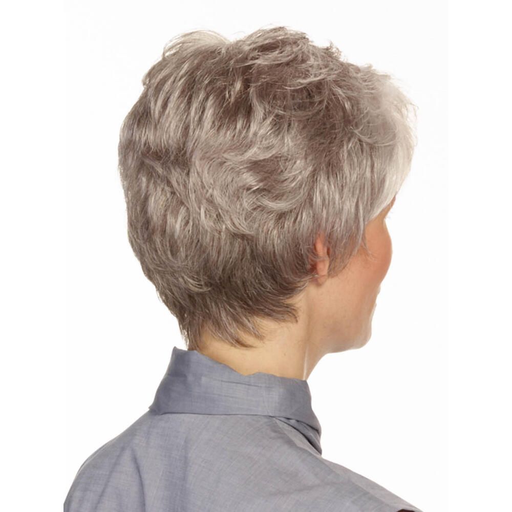 Kurzhaarperücke, graues Haar. Frau, Rückansicht, graues Oberteil.