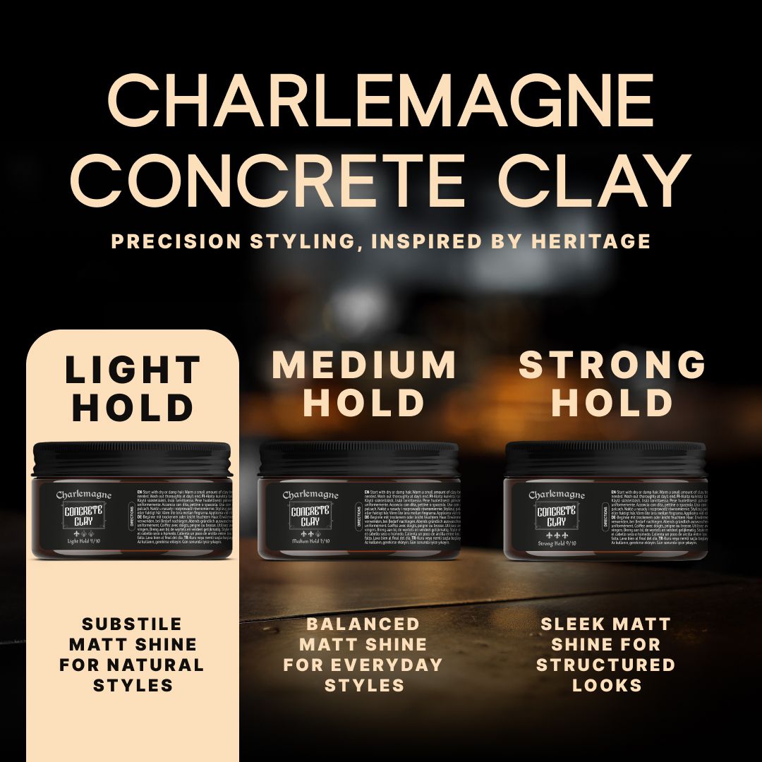 Drei schwarze Dosen mit Etiketten, die 'Matte Pomade' und 'Charles Magn&' zeigen.