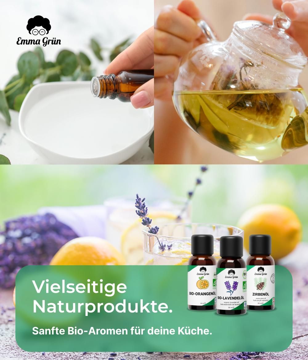 Hand gießt Öl in Wasser. Drei Flaschen: Bio-Orangenöl, Bio-Lavendelöl, Zirbenöl. Text: Vielseitige Naturprodukte. Sanfte Bio-Aromen.