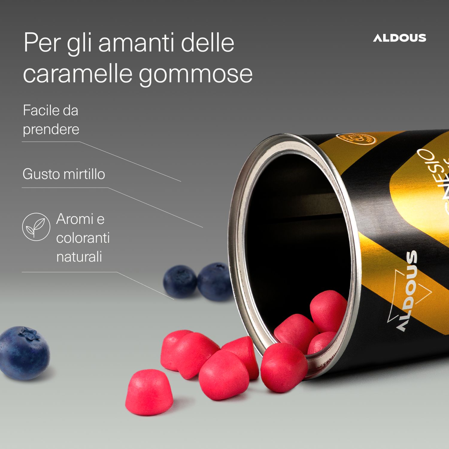 Aldous Magnesio Gummies: Blaubeergeschmack, natürliche Aromen und Farbstoffe.