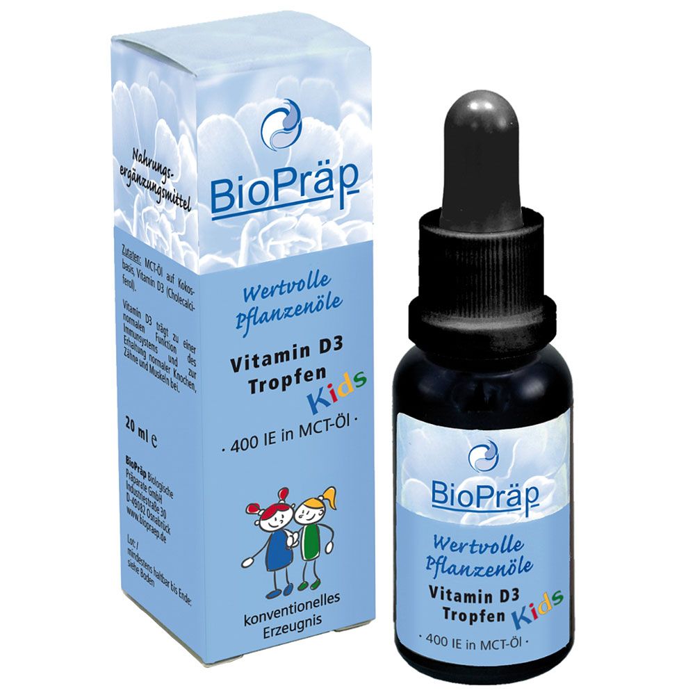 Braune Flasche und Schachtel mit der Aufschrift BioPräp Vitamin D3 Tropfen für Kids. Enthält 400 IE in MCT-Öl.