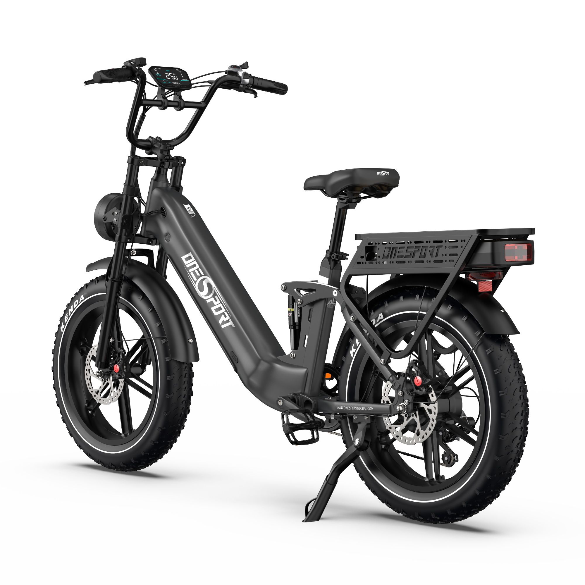 Schwarzes E-Bike, Heckansicht. Breitreifen, Gepäckträger. Auf dem Rahmen steht "ONESPORT".