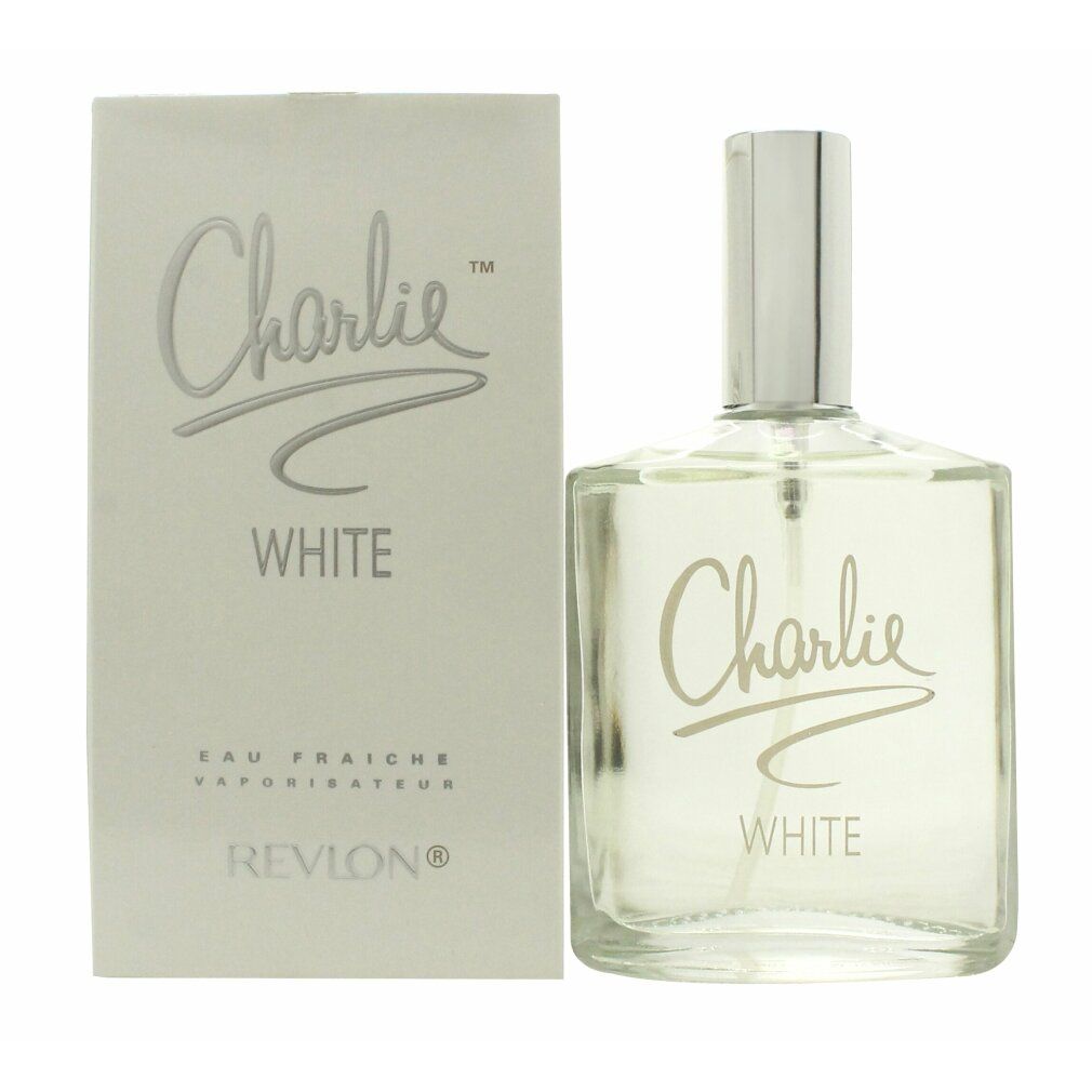 Flakon und Schachtel von Charlie White Eau Fraiche. Weißes Etikett mit Schriftzug. Revlon-Logo.