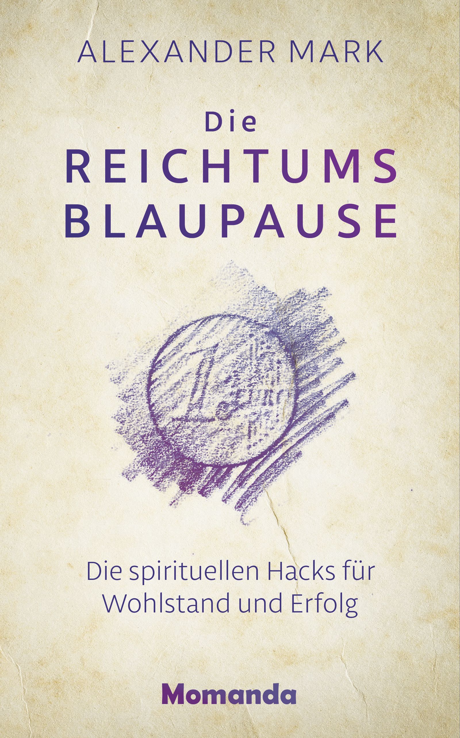 Buchcover mit Titel "Die Reichtumsblaupause". Autor: Alexander Mark. Logo: Momanda. Untertitel: Die spirituellen Hacks für Wohlstand und Erfolg.