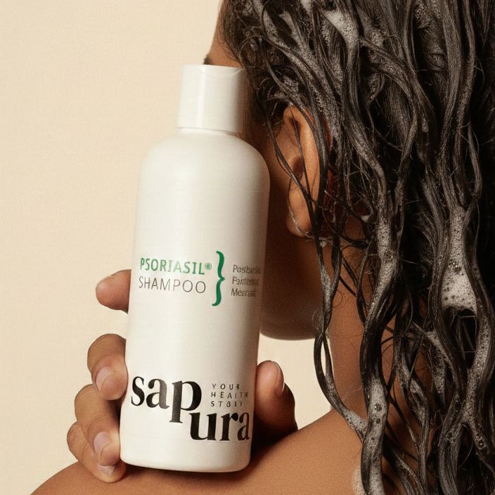 Weiße Shampoo-Flasche mit grünem Etikett. Aufschrift: PSORIASIL Shampoo, sapura. Person wäscht Haare.