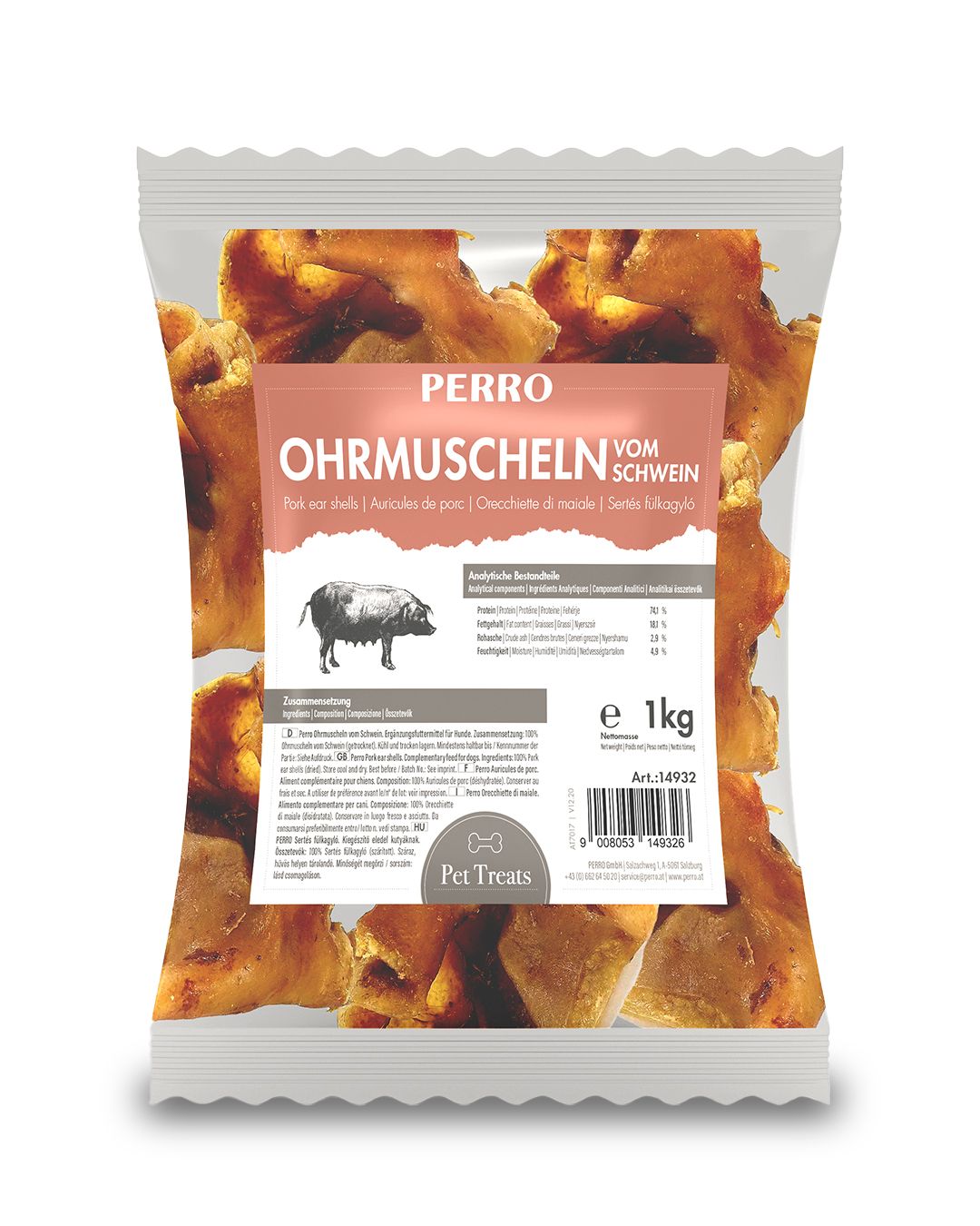 Beutel mit getrockneten Schweineohren. Aufschrift: PERRO, Ohrmuscheln vom Schwein. 1 kg Packung. Pet Treats.