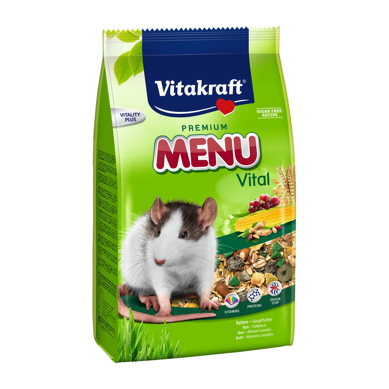 Grüne Verpackung mit Produktnamen und Ratte. "Vitakraft"-Logo, "Premium Menu Vital"-Schriftzug. Abbildung von Futterbestandteilen.