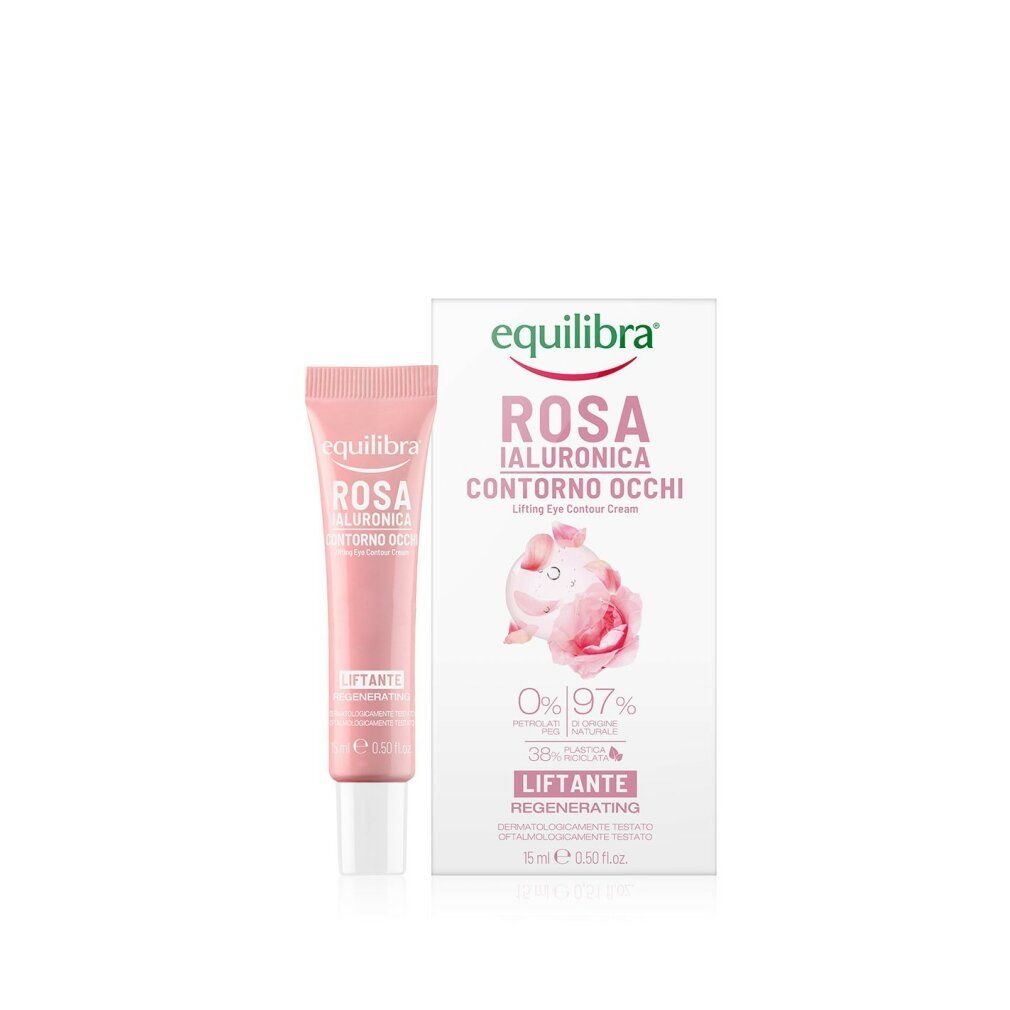 Rosa Ialuronica Contour Eye Cream Tube und Verpackung. Text: Equilibra, Rosa Ialuronica, Contorno Occhi, Lifting Eye Contour Cream.