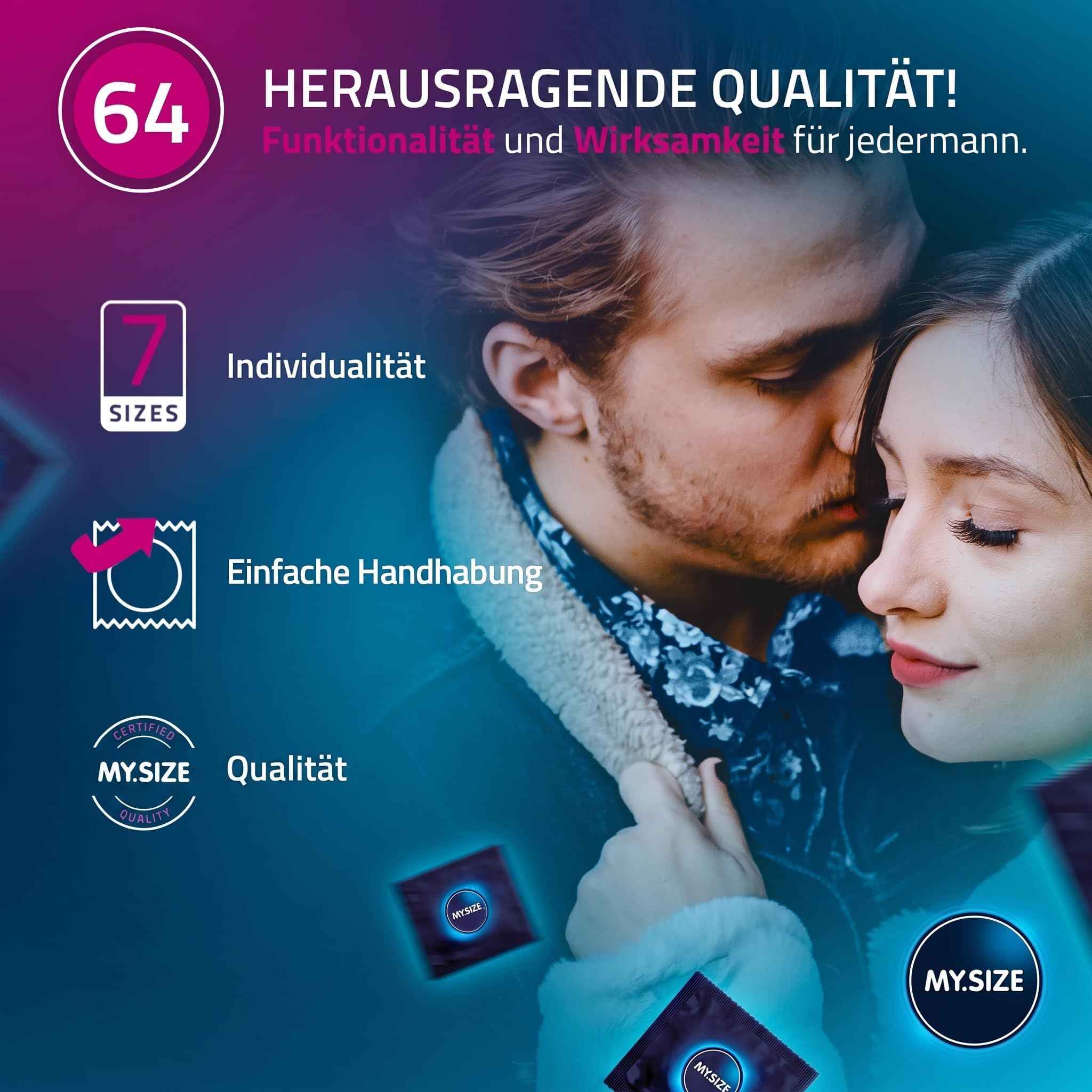 Paar umarmt sich, im Vordergrund My.Size Logo und Text zu Qualität und einfacher Handhabung.