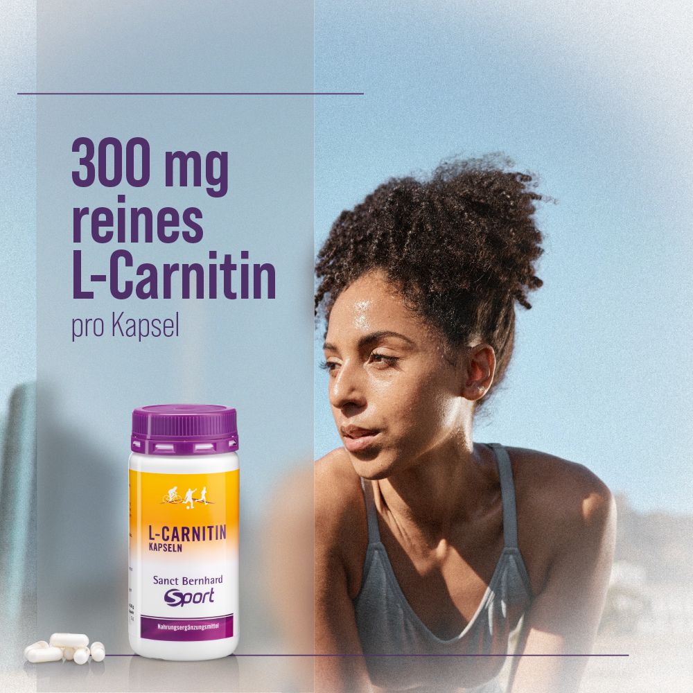 L-Carnitin-Kapseln von Sanct Bernhard Sport. Frau im Hintergrund. Dose mit Kapseln und Text: 300 mg reines L-Carnitin.