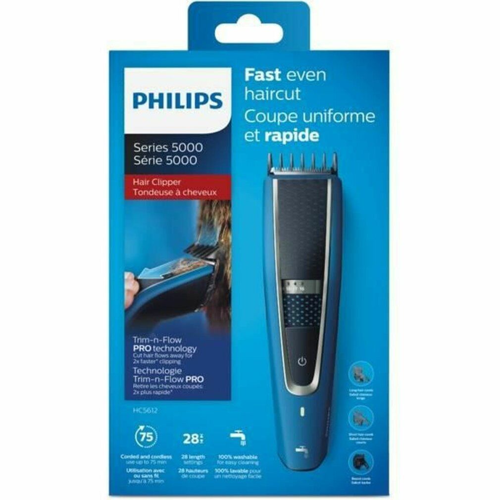 Produktverpackung mit blauem Haarschneider. Enthält Text: Philips, Series 5000, Hair Clipper. Zeigt auch den Haarschneider und seine Funktionen.