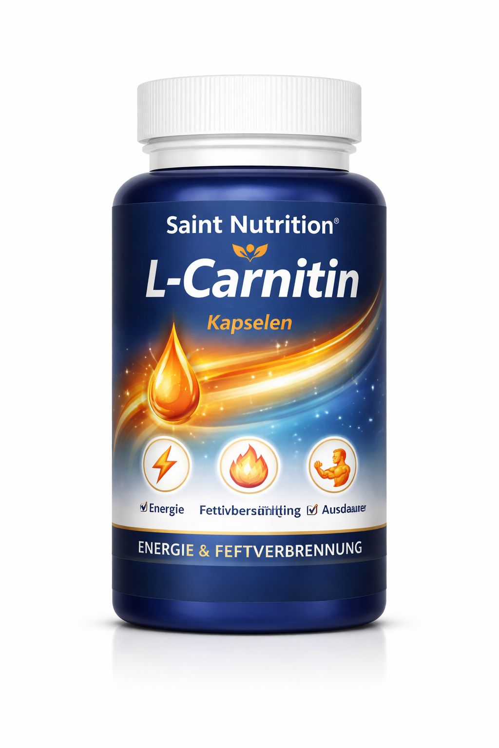 Blaue Flasche mit weißem Deckel. Aufschrift: Saint Nutrition L-Carnitin Kapseln. Illustrationen: Tropfen, Flamme, Muskelmann. Text: Energie & Fettverbrennung.