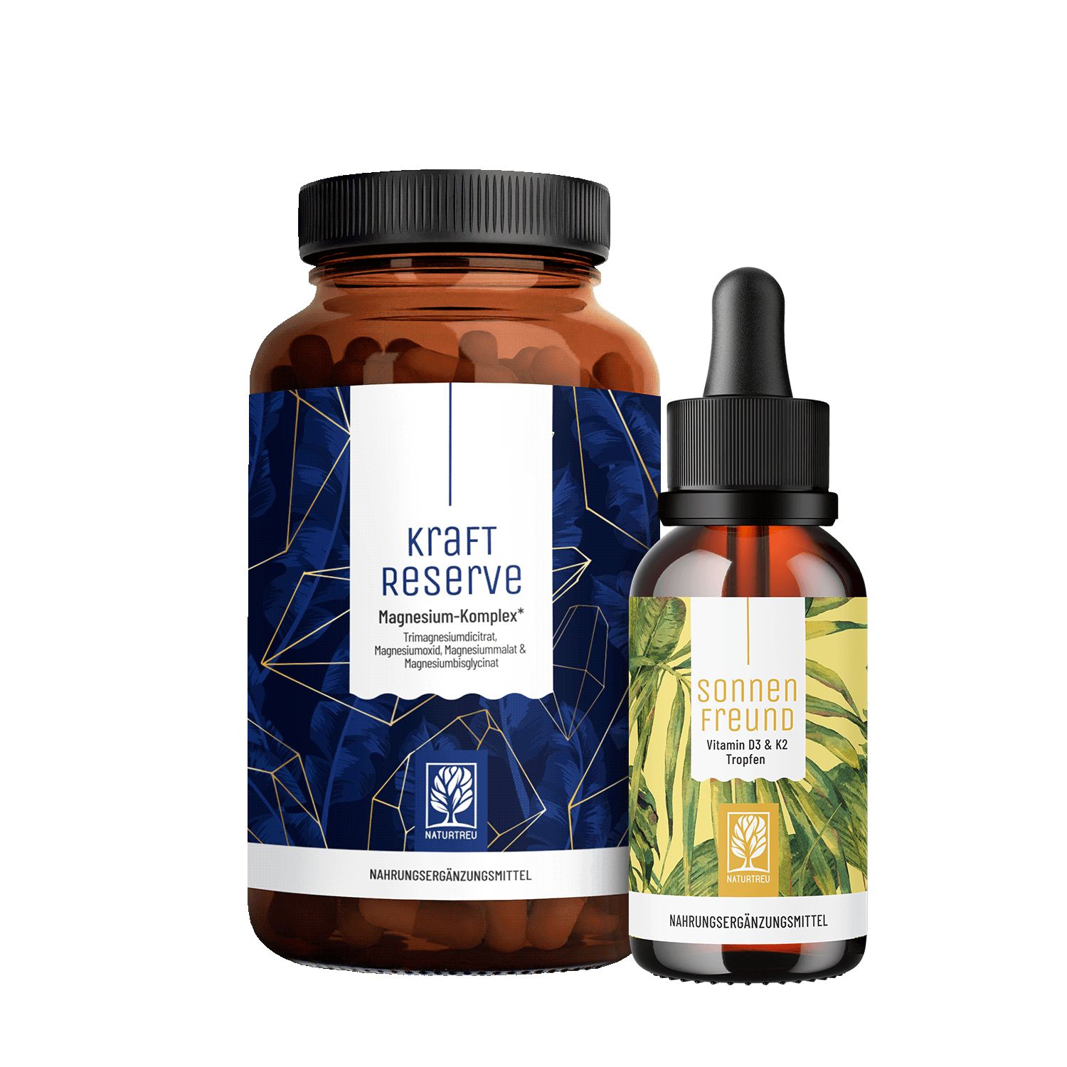 Braune Glasflasche mit schwarzen Deckel und Kapseln, daneben eine Tropfflasche. Beide mit Etiketten.