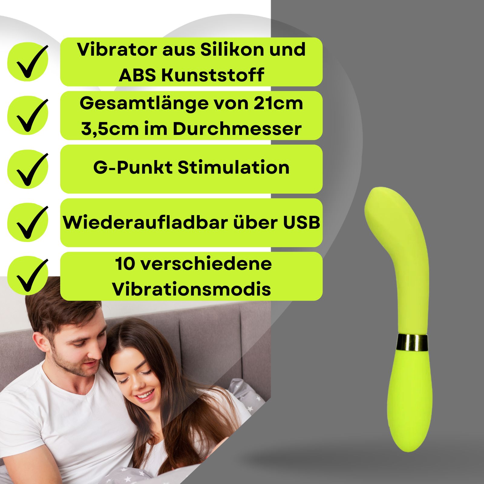 Hellgrüner Vibrator. Text: Silikon und ABS, 21cm lang, 3,5cm Durchmesser, G-Punkt, USB.