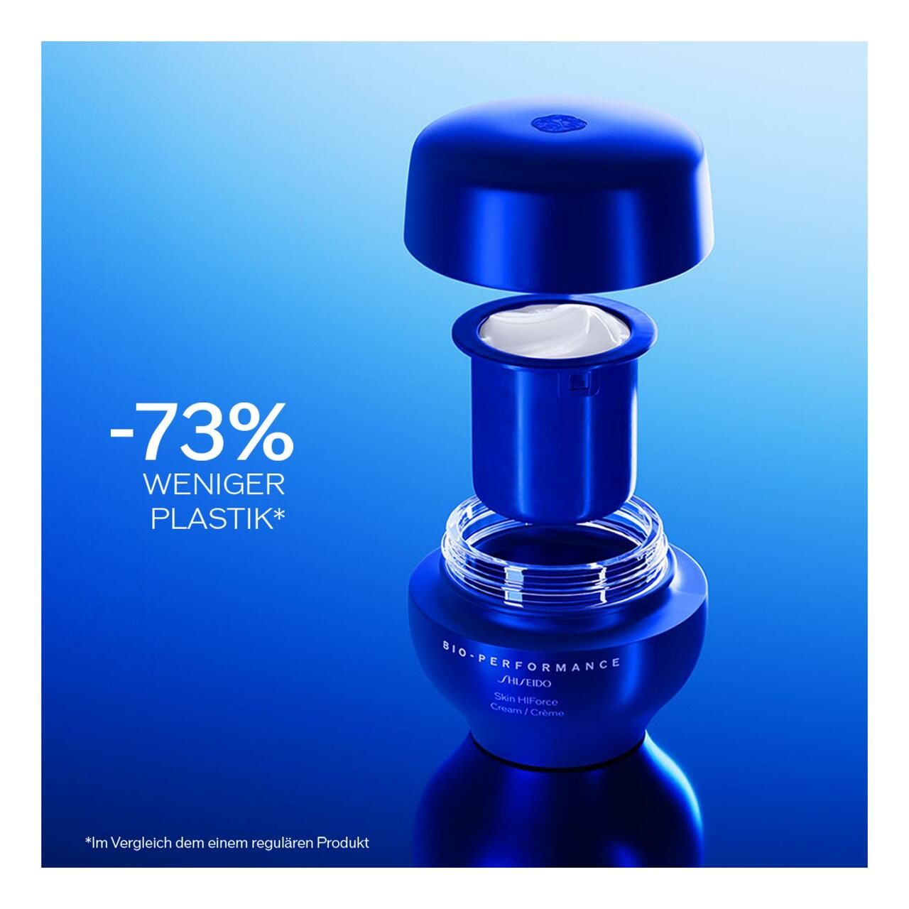 Blauer Tiegel, geöffnet. Innenliegender Behälter mit Creme. Text: "-73% weniger Plastik*".