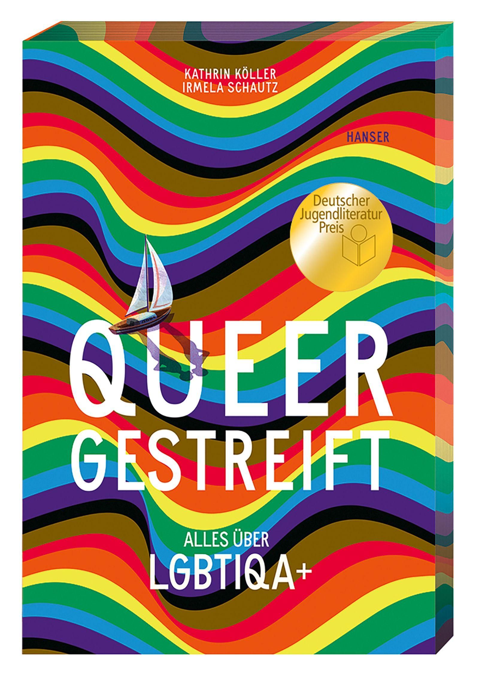 Buchcover mit Regenbogenmuster und Titel "Queergestreift". Autorennamen und Logo "Hanser" sichtbar.