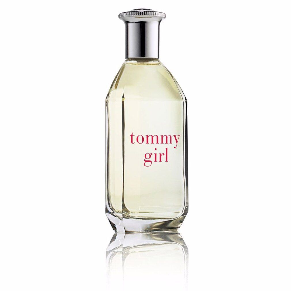 Tommy Girl Eau de Toilette Spray. Glasflakon mit silbernem Verschluss, Produktname in rosa Schrift.