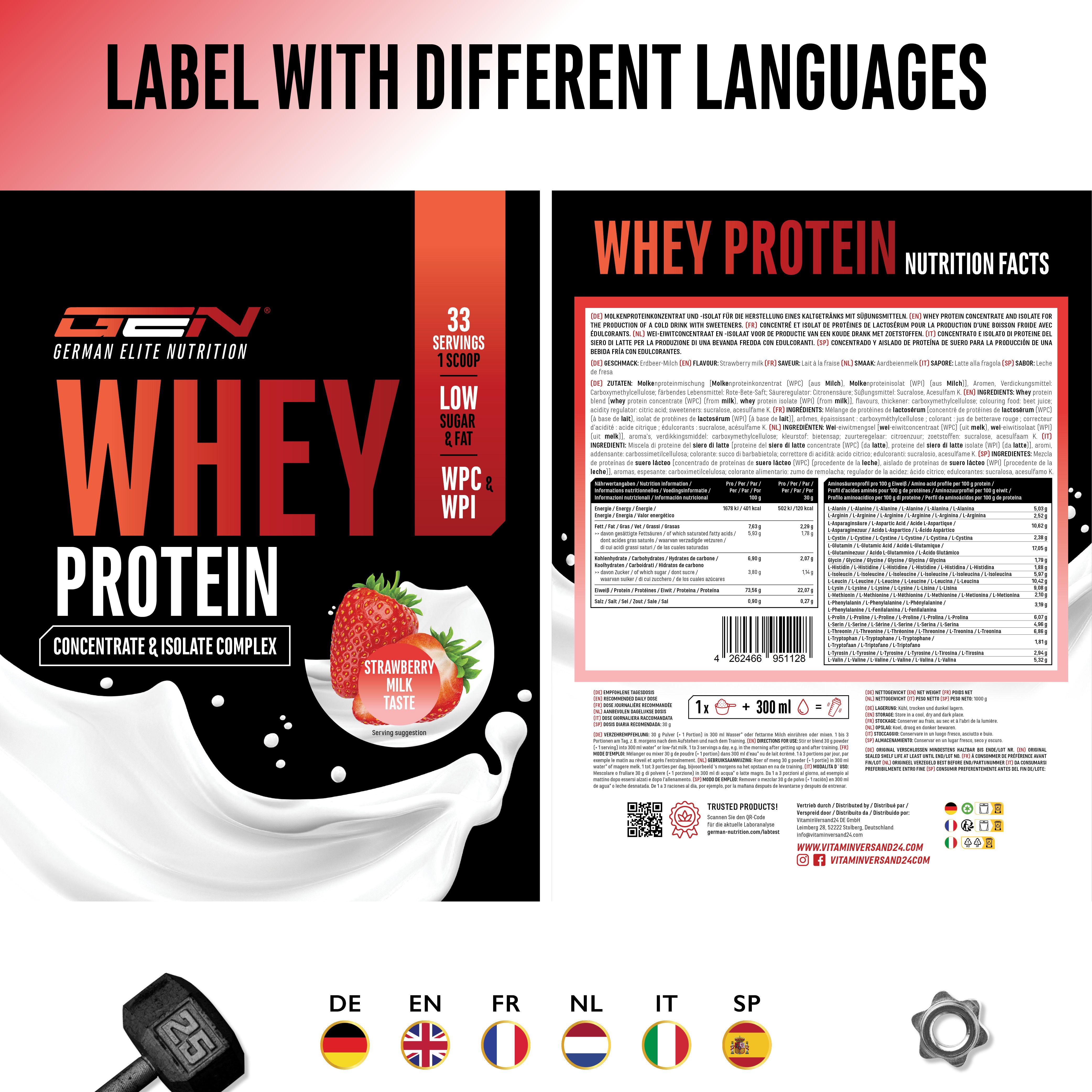 Produktverpackung mit verschiedenen Sprachversionen. Enthält das Produkt "WHEY PROTEIN" und Flaggen von DE, EN, FR, NL, IT, SP.