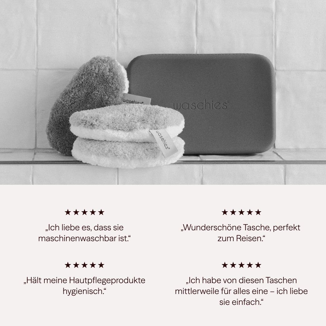 Graue Waschies-Tasche und Waschies-Pads. Text: Waschies-Logo, Kundenbewertungen.