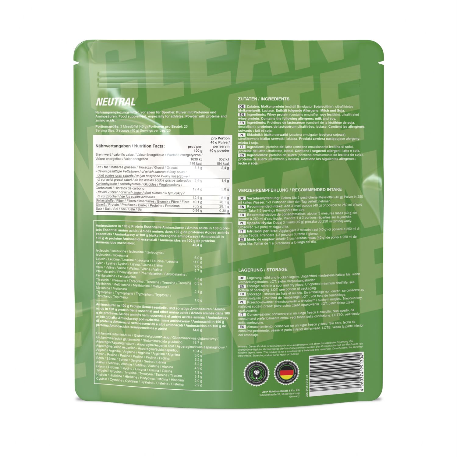 Zec+ Clean Concentrate Protein/ Eiweiß Neutral 1000 g Pulver