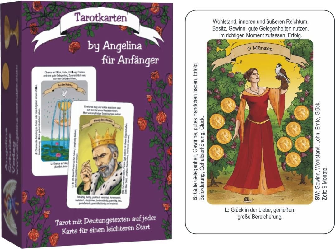 Produktverpackung: Tarotkarten by Angelina für Anfänger. Box mit Karten, Rosenmuster, Text in deutscher Sprache.