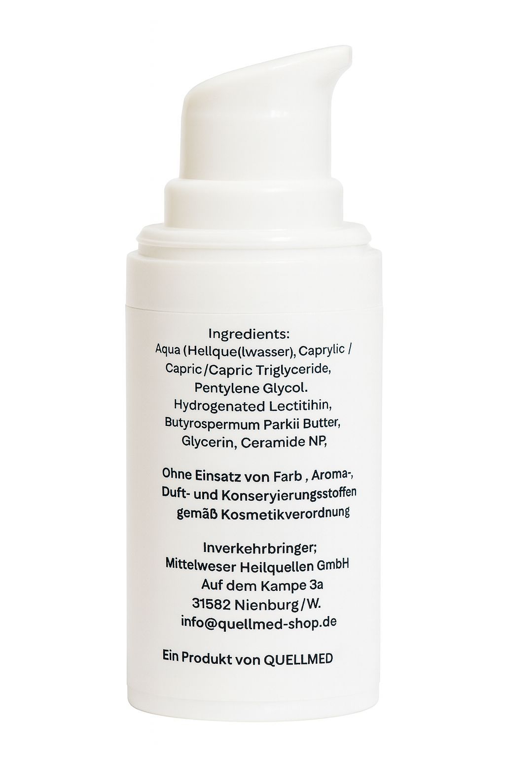 Weiße Creme-Flasche mit Pumpkopf. Text: Inhaltsstoffe, Herstelleradresse, Produkt von QUELLMED.