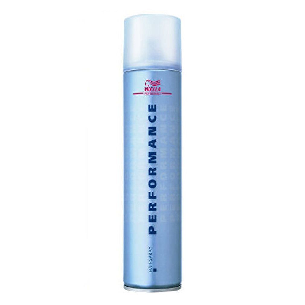 Haarspray-Dose mit blauem Etikett. Oben weißer Sprühkopf. Aufschrift: PERFORMANCE, HAISPRAY, WELL.